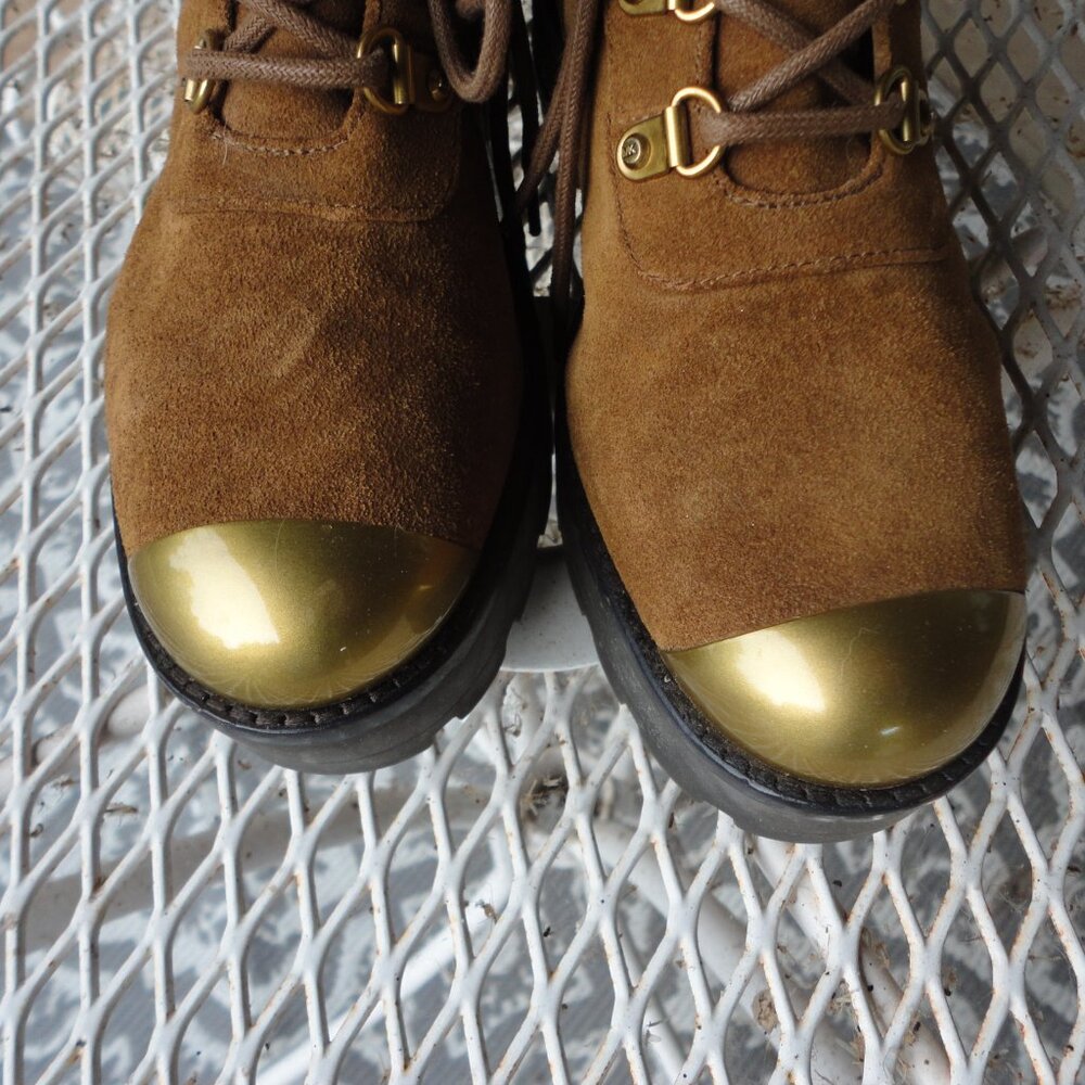 MICHAEL KORS "Khloe" Brown Suede Chunky Combat Boots with Gold Trim Size 7.5 - Picture 3 of 9